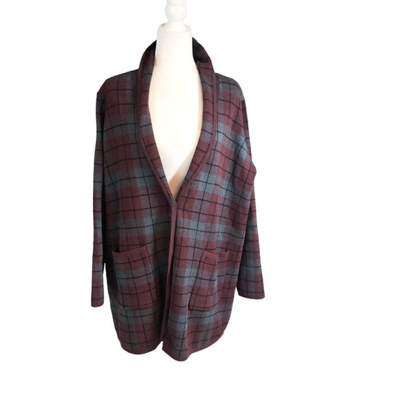 Denim & Co Shacket Women’s 1X Burgundy Gray Box Tartan Plaid Cotton Knit Open - Picture 8 of 12